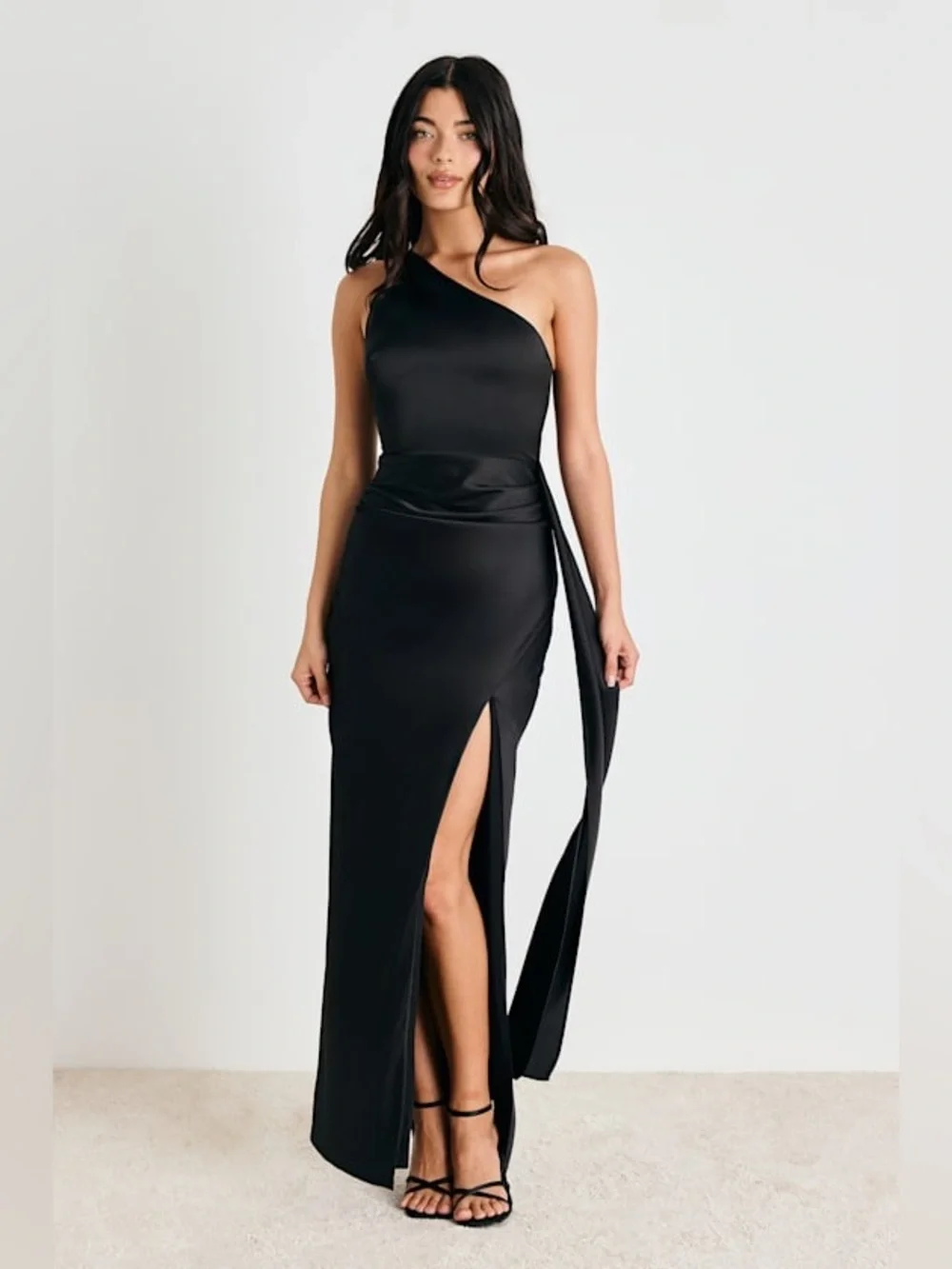 Lulus Signature Elegance Black Satin One-Shoulder Maxi Dress Size XL NWT